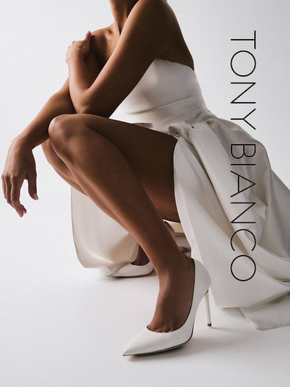 Tony Bianco White Satin Strapless Dress with Pointed Pumps
